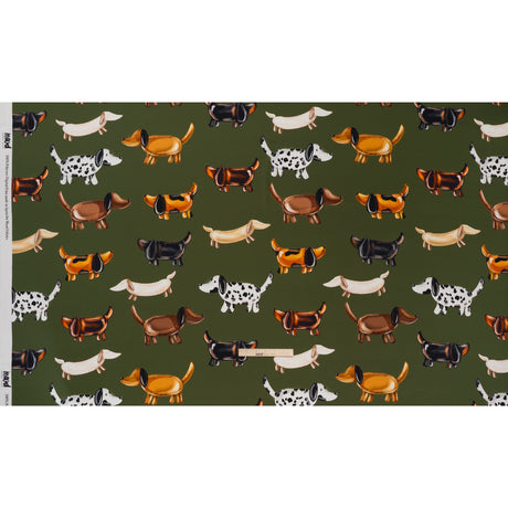 Polyester Satin - Brown, White and Olive Green Puppy Balloons - Mood Exclusive Dachshund Drift Print