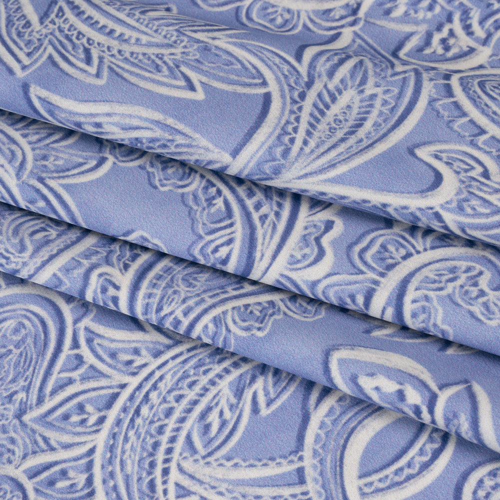 Polyester Satin - Blue and Cream Paisley - Mood Exclusive Spice Scroll Print