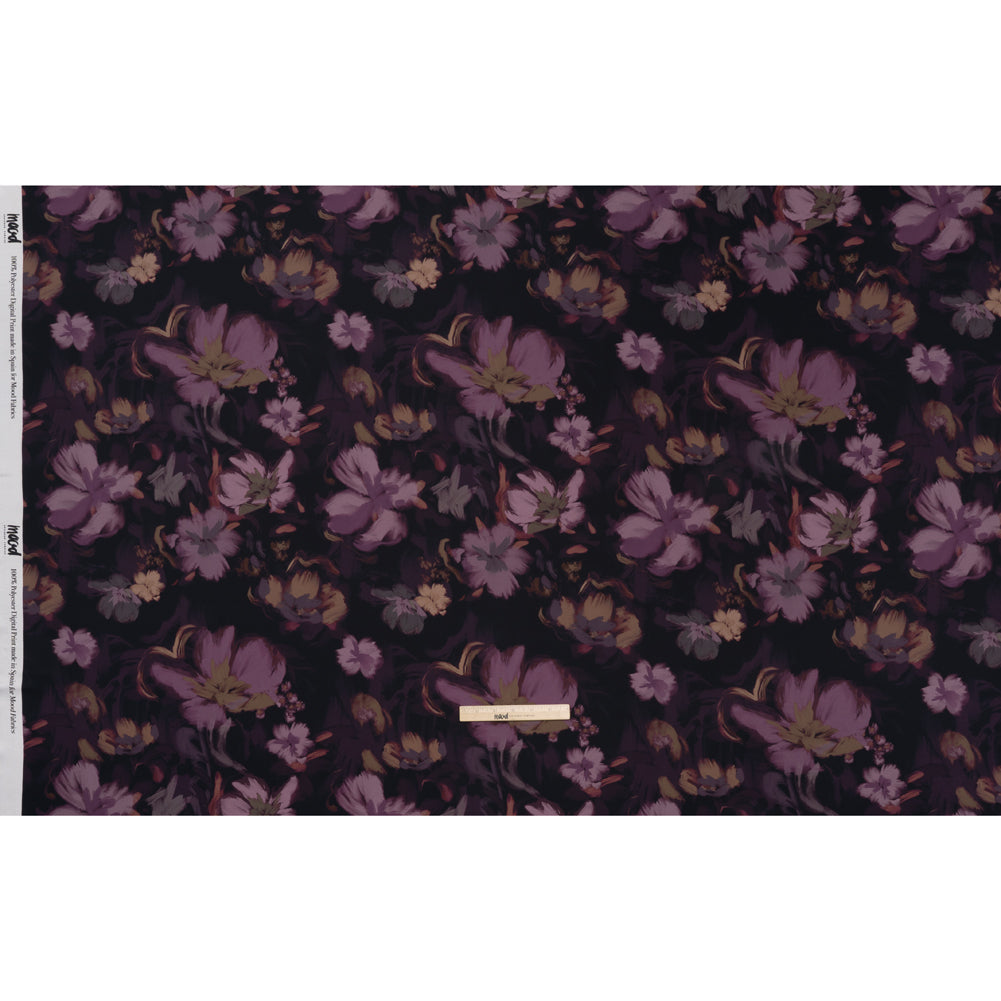 Polyester Satin - Aubergine, Lilac and Taupe Painted Flowers - Mood Exclusive Petal Veil Print