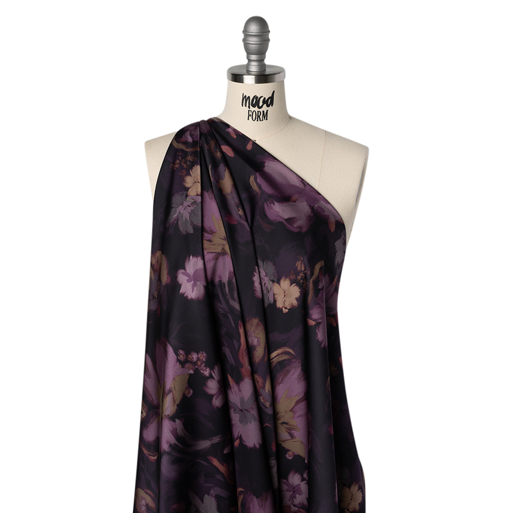 Polyester Satin - Aubergine, Lilac and Taupe Painted Flowers - Mood Exclusive Petal Veil Print