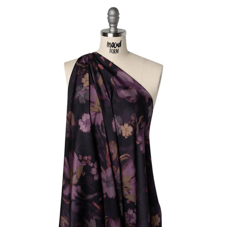 Polyester Satin - Aubergine, Lilac and Taupe Painted Flowers - Mood Exclusive Petal Veil Print