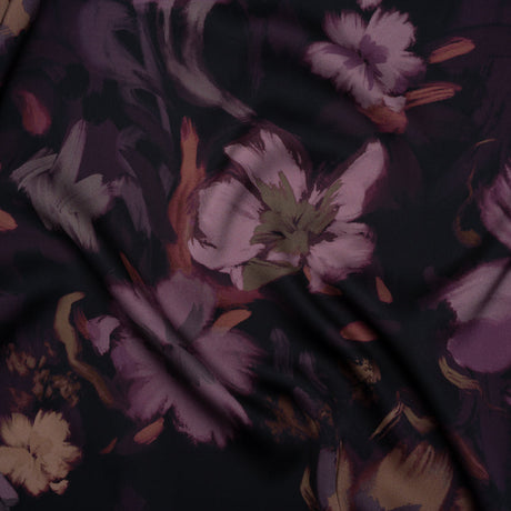 Polyester Satin - Aubergine, Lilac and Taupe Painted Flowers - Mood Exclusive Petal Veil Print