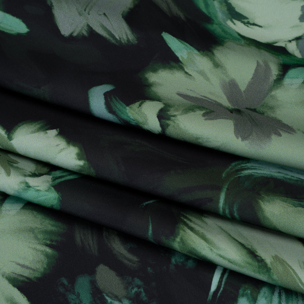 Polyester Satin - Forest, Sage and Sea Green Painted Flowers - Mood Exclusive Petal Veil Print