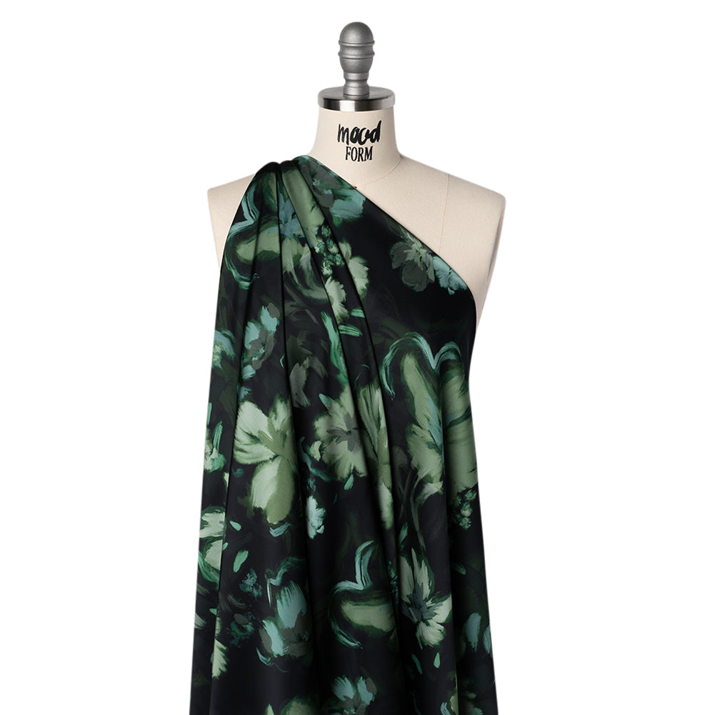 Polyester Satin - Forest, Sage and Sea Green Painted Flowers - Mood Exclusive Petal Veil Print
