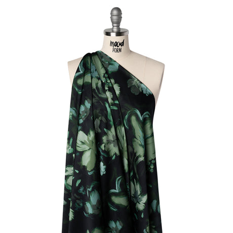 Polyester Satin - Forest, Sage and Sea Green Painted Flowers - Mood Exclusive Petal Veil Print