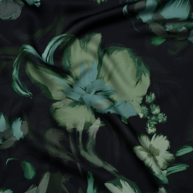 Polyester Satin - Forest, Sage and Sea Green Painted Flowers - Mood Exclusive Petal Veil Print