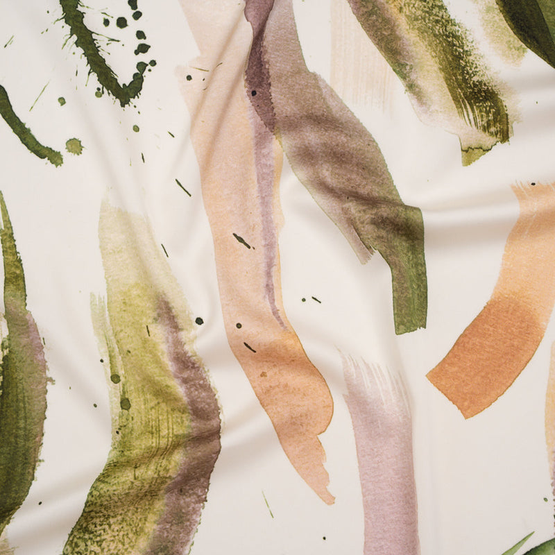 Polyester Satin - Forest Green, Plum Purple and Tangerine Abstract Watercolor Ribbons - Mood Exclusive Fluid Strokes Print