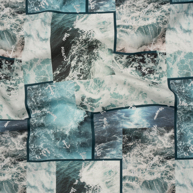 Brushed Cotton Woven - Blue and Gray Ocean Waves Collage - Mood Exclusive Currents & Cursive Print