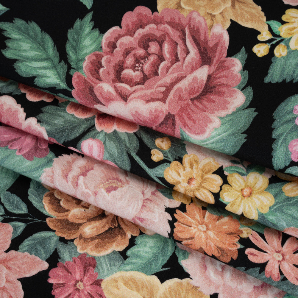 Brushed Cotton Woven - Coral Pink, Yellow and Green Flowers on Black - Mood Exclusive Briar Lane Print