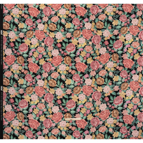 Brushed Cotton Woven - Coral Pink, Yellow and Green Flowers on Black - Mood Exclusive Briar Lane Print