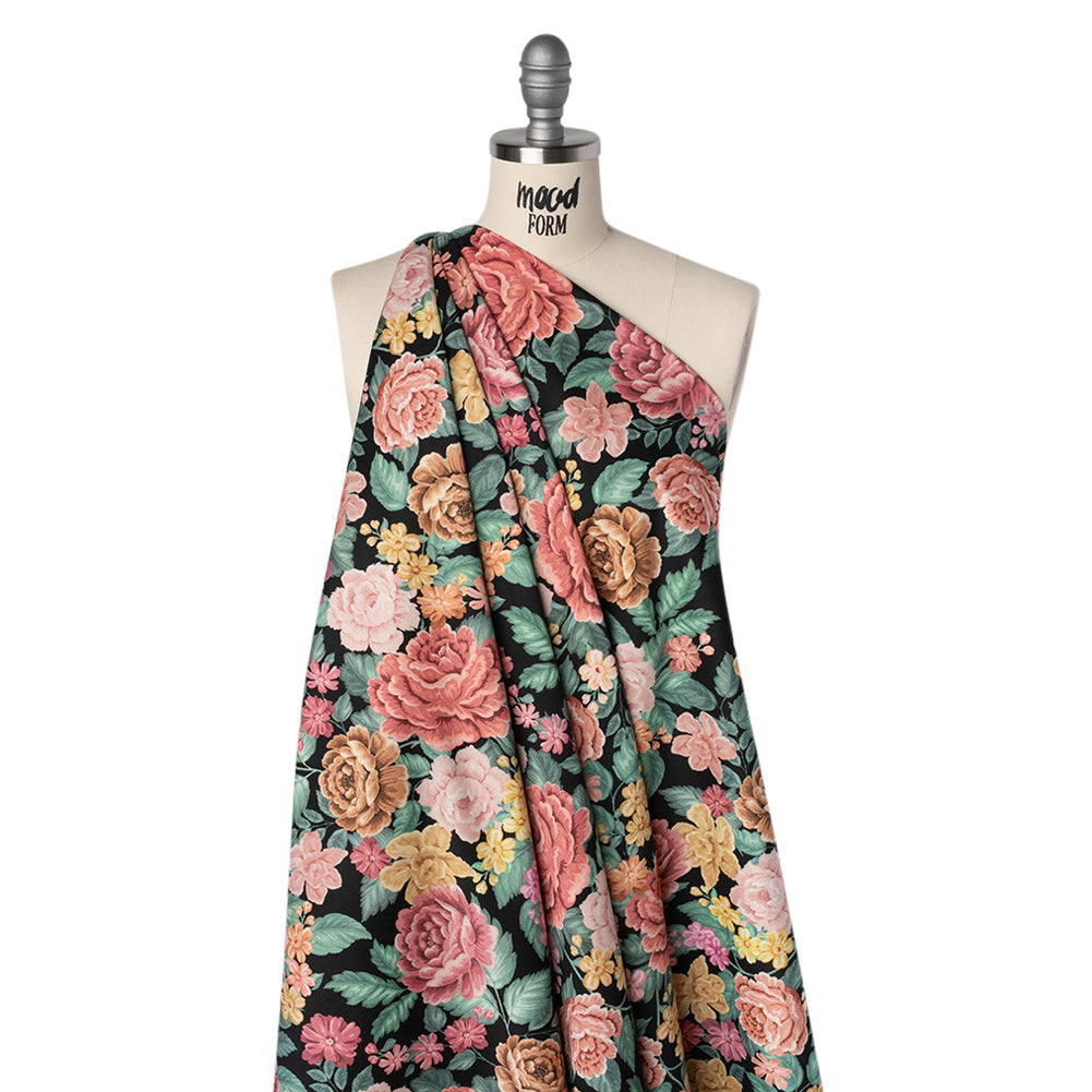 Brushed Cotton Woven - Coral Pink, Yellow and Green Flowers on Black - Mood Exclusive Briar Lane Print