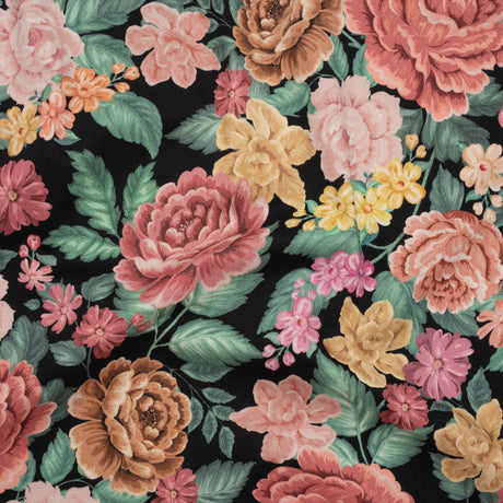 Brushed Cotton Woven - Coral Pink, Yellow and Green Flowers on Black - Mood Exclusive Briar Lane Print