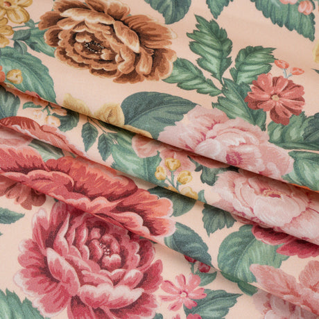 Brushed Cotton Woven - Coral Pink, Yellow and Green Flowers on Peach - Mood Exclusive Briar Lane Print
