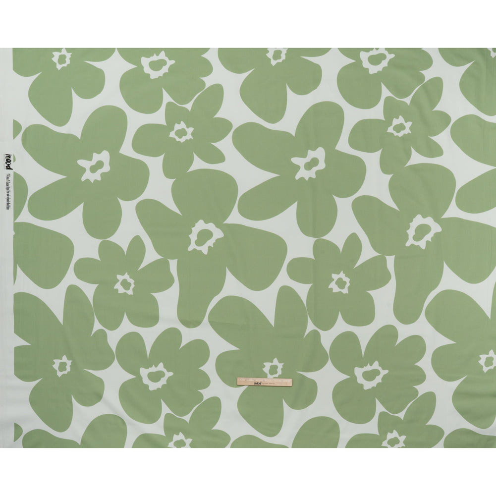 Brushed Cotton Woven - White and Sage Green Big Simple Flowers - Mood Exclusive Floral Figures Print