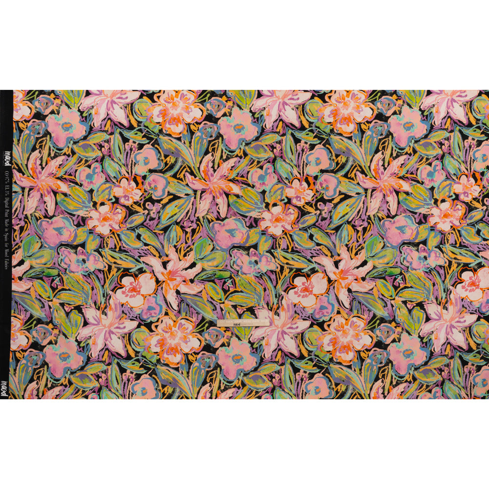 Brushed Cotton Woven - Pink, Floral Purple and Bright Green Chalk Drawing Flowers - Mood Exclusive Chalkboard Blossoms Print