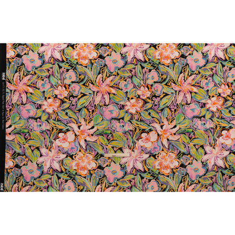 Brushed Cotton Woven - Pink, Floral Purple and Bright Green Chalk Drawing Flowers - Mood Exclusive Chalkboard Blossoms Print