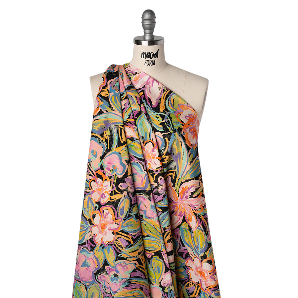 Brushed Cotton Woven - Pink, Floral Purple and Bright Green Chalk Drawing Flowers - Mood Exclusive Chalkboard Blossoms Print