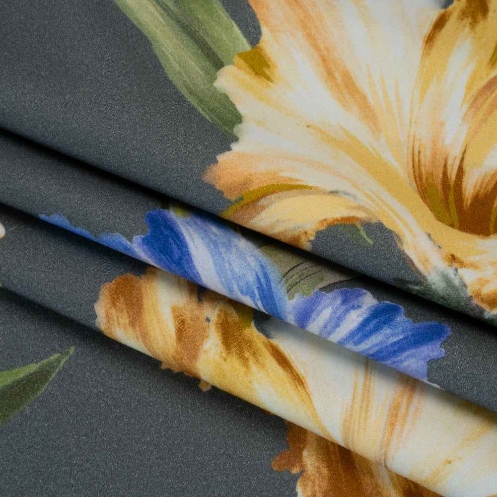 Brushed Cotton Woven - Golden Yellow, Blue and Gray Big Lilies - Mood Exclusive Language of Lilies Print
