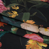 Rayon Challis - Black, Green and Orange Rainforest Flowers - Mood Exclusive Rainforest Reverie Print
