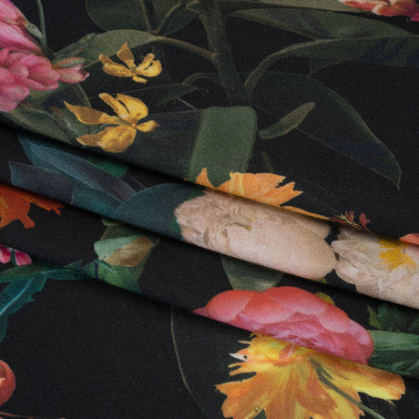 Rayon Challis - Black, Green and Orange Rainforest Flowers - Mood Exclusive Rainforest Reverie Print