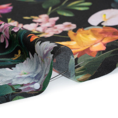 Rayon Challis - Black, Green and Orange Rainforest Flowers - Mood Exclusive Rainforest Reverie Print