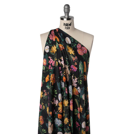 Rayon Challis - Black, Green and Orange Rainforest Flowers - Mood Exclusive Rainforest Reverie Print