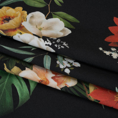 Rayon Challis - Red, Yellow and Green Tropical Flowers - Mood Exclusive Island Bloom Print