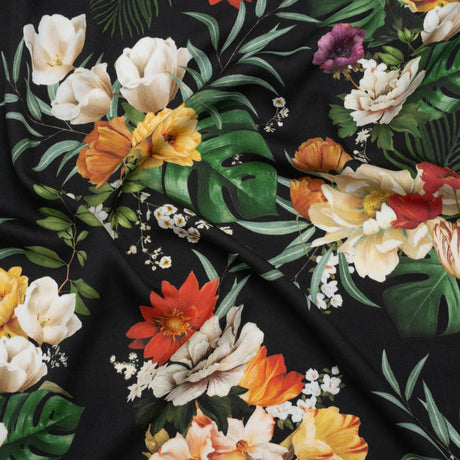 Rayon Challis - Red, Yellow and Green Tropical Flowers - Mood Exclusive Island Bloom Print