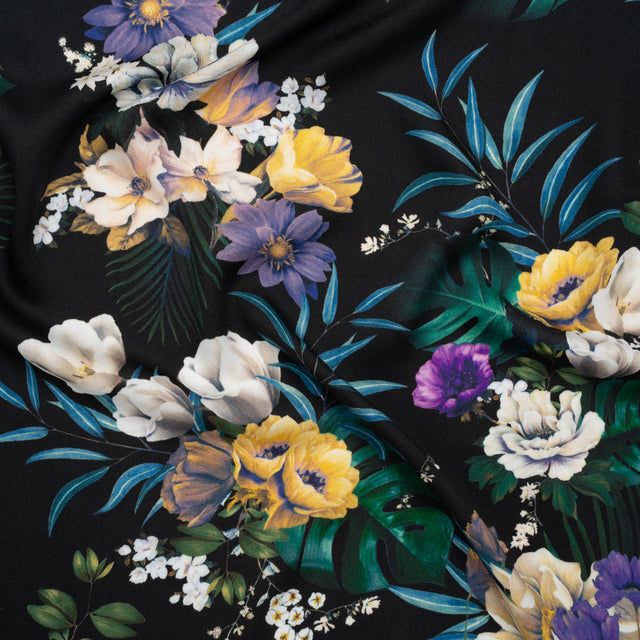 Rayon Challis - Blue, Purple and Yellow Tropical Flowers - Mood Exclusive Island Bloom Print