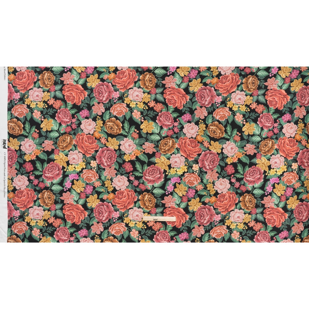 Rayon Challis - Coral Pink, Yellow and Green Flowers on Black - Mood Exclusive Midnight Garden Party Print