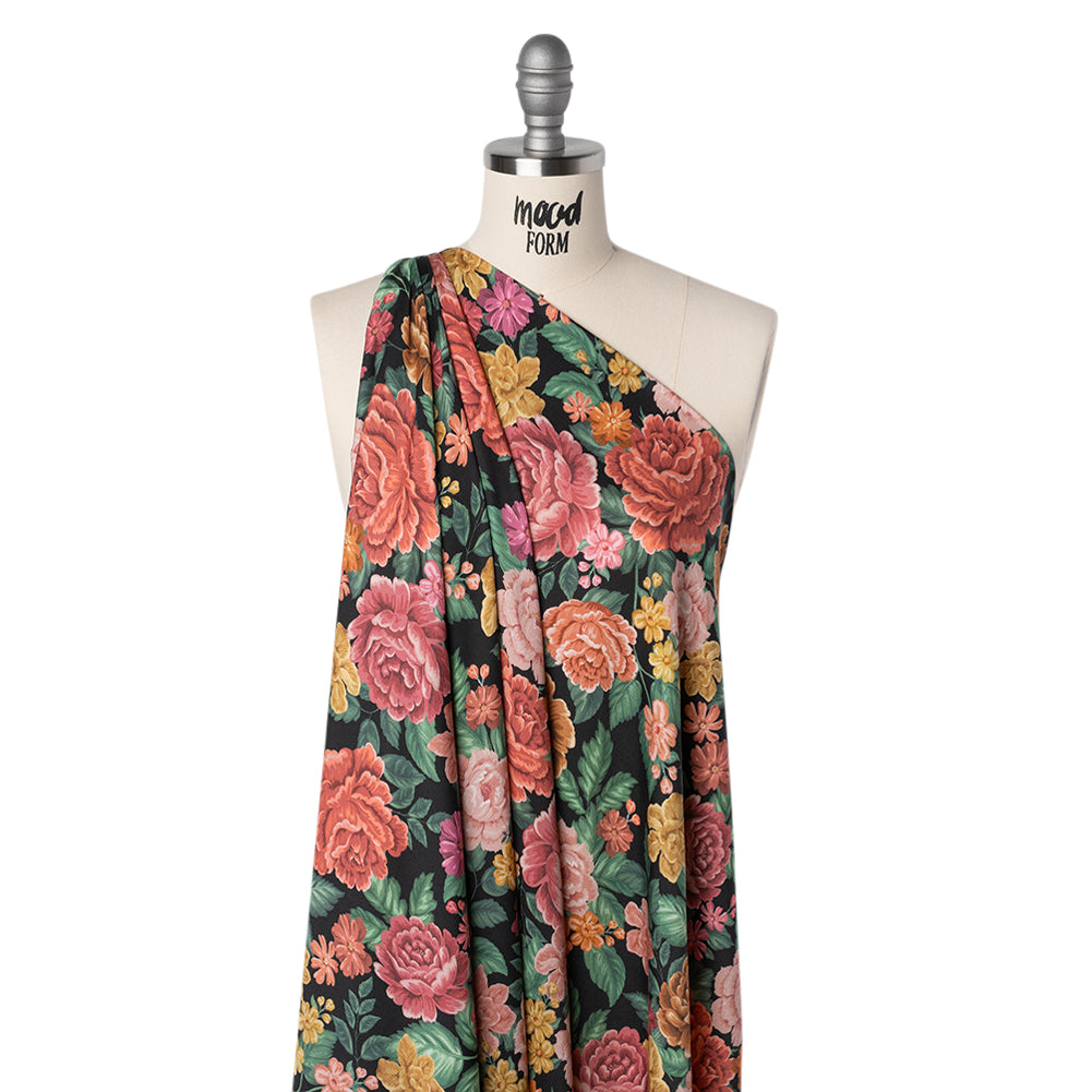 Rayon Challis - Coral Pink, Yellow and Green Flowers on Black - Mood Exclusive Midnight Garden Party Print