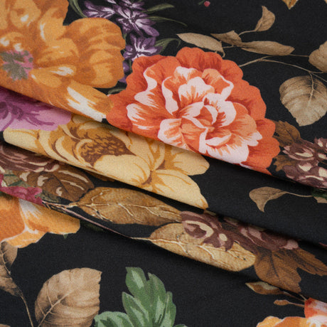 Rayon Challis - Orange, Pink and Black Floral - Mood Exclusive Floral Noir Print