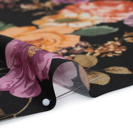 Rayon Challis - Orange, Pink and Black Floral - Mood Exclusive Floral Noir Print