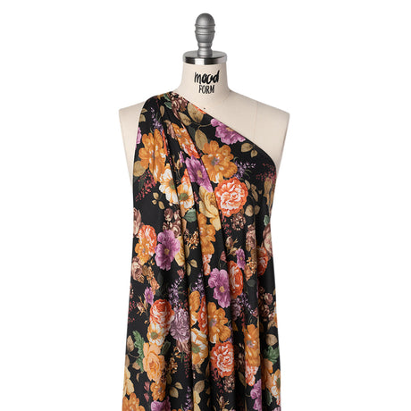 Rayon Challis - Orange, Pink and Black Floral - Mood Exclusive Floral Noir Print