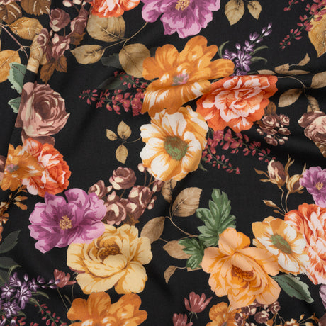 Rayon Challis - Orange, Pink and Black Floral - Mood Exclusive Floral Noir Print