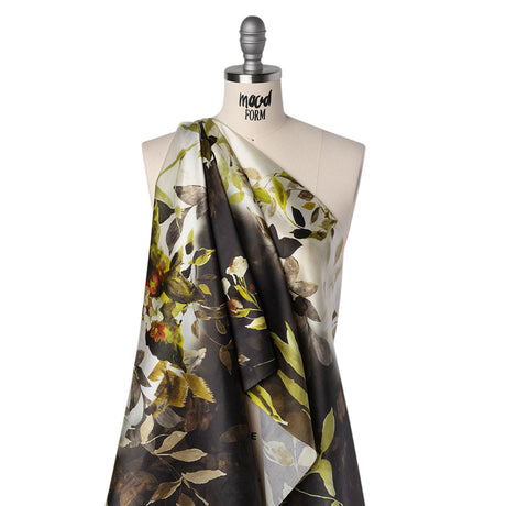 Silk Satin Print Made in Italy - Brown, Cream and Chartreuse Painted Leaves - Deadstock