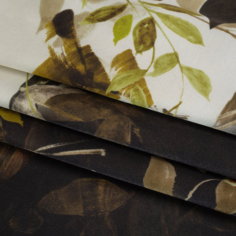 Silk Satin Print Made in Italy - Brown, Cream and Chartreuse Painted Leaves - Deadstock