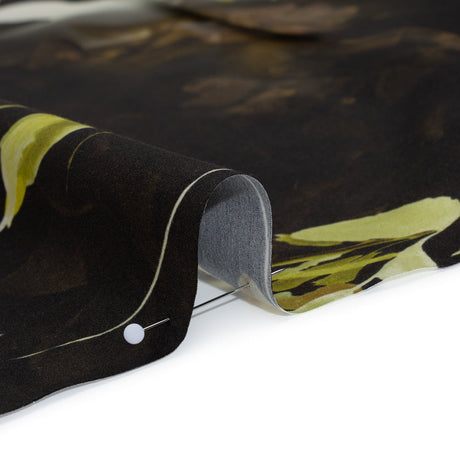 Silk Satin Print Made in Italy - Brown, Cream and Chartreuse Painted Leaves - Deadstock