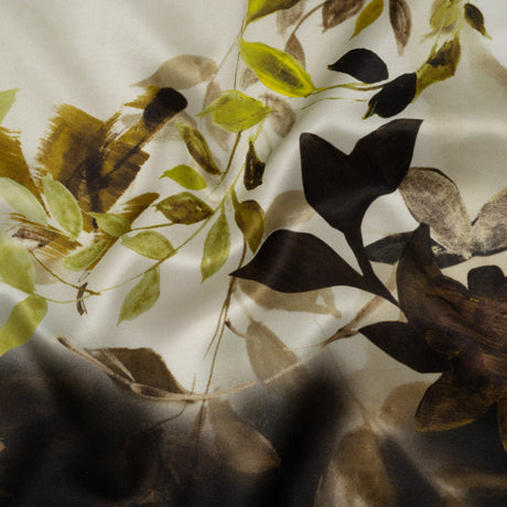 Silk Satin Print Made in Italy - Brown, Cream and Chartreuse Painted Leaves - Deadstock