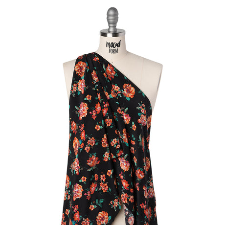 Silk Crepe de Chine Print Made in Italy - Black, Red and Green Scattered Flowers - Deadstock