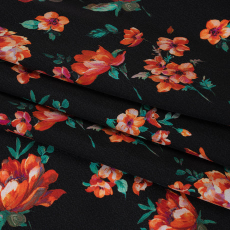 Silk Crepe de Chine Print Made in Italy - Black, Red and Green Scattered Flowers - Deadstock