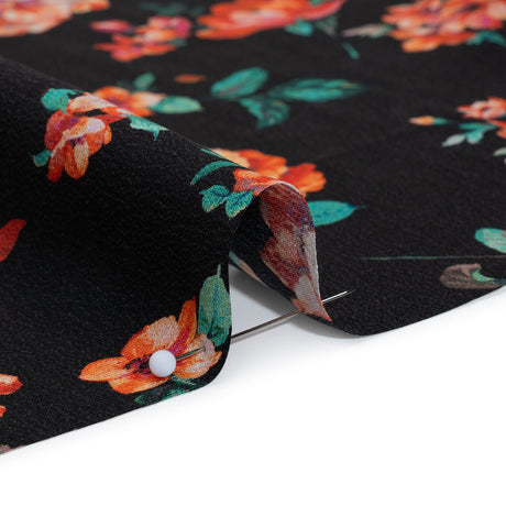 Silk Crepe de Chine Print Made in Italy - Black, Red and Green Scattered Flowers - Deadstock