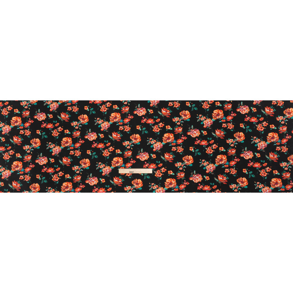 Silk Crepe de Chine Print Made in Italy - Black, Red and Green Scattered Flowers - Deadstock