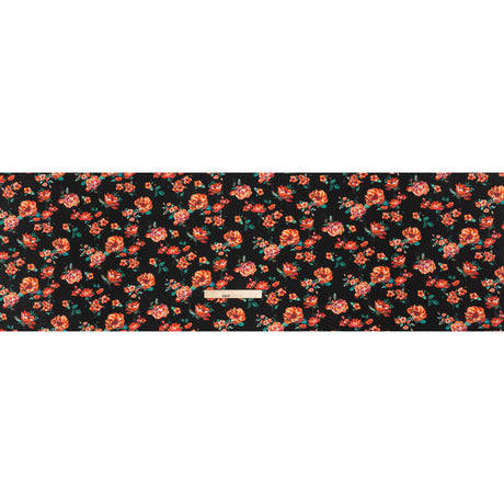 Silk Crepe de Chine Print Made in Italy - Black, Red and Green Scattered Flowers - Deadstock