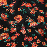 Silk Crepe de Chine Print Made in Italy - Black, Red and Green Scattered Flowers - Deadstock