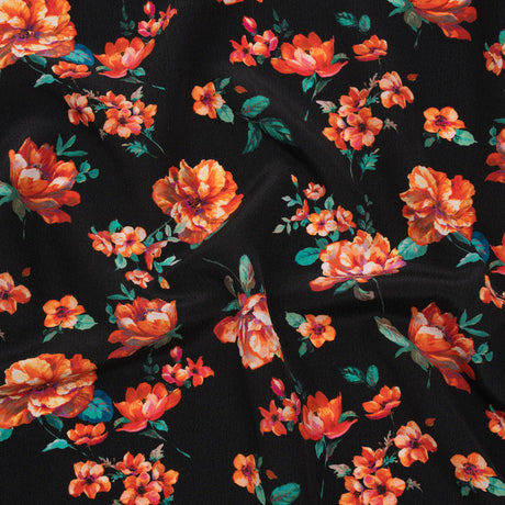Silk Crepe de Chine Print Made in Italy - Black, Red and Green Scattered Flowers - Deadstock