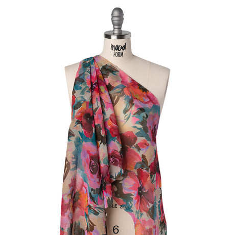 Silk Chiffon Print Made in Italy - Teal, Fuchsia and Peach Watercolor Blooms - Deadstock