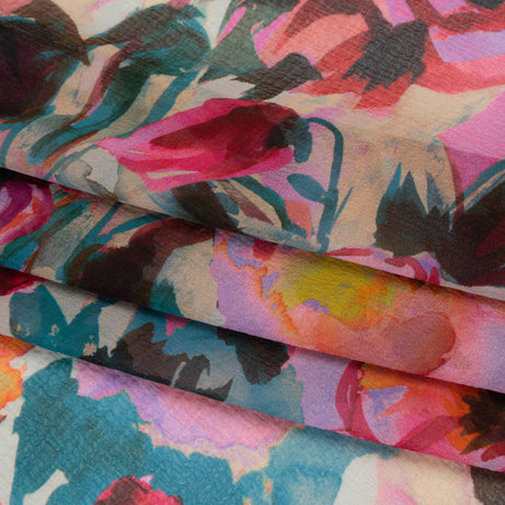 Silk Chiffon Print Made in Italy - Teal, Fuchsia and Peach Watercolor Blooms - Deadstock