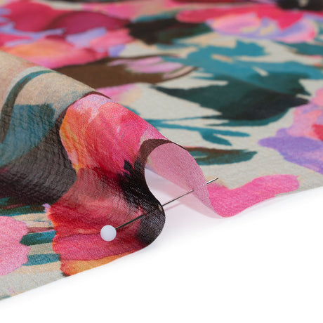 Silk Chiffon Print Made in Italy - Teal, Fuchsia and Peach Watercolor Blooms - Deadstock