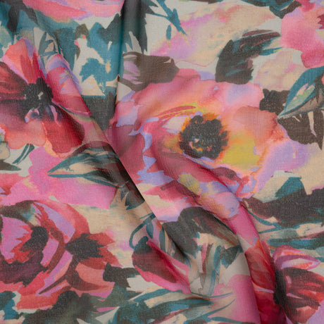 Silk Chiffon Print Made in Italy - Teal, Fuchsia and Peach Watercolor Blooms - Deadstock
